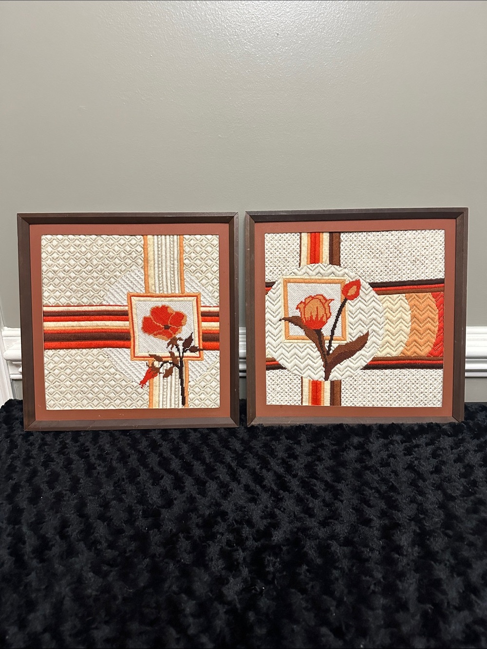 Vintage set of needlework floral pictures 16x16
